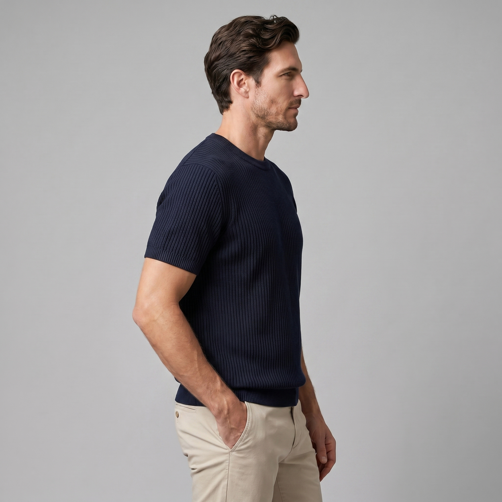 Men's Knitted T-Shirt, Ribbed Short Sleeve Crew Neck Tee – Casual