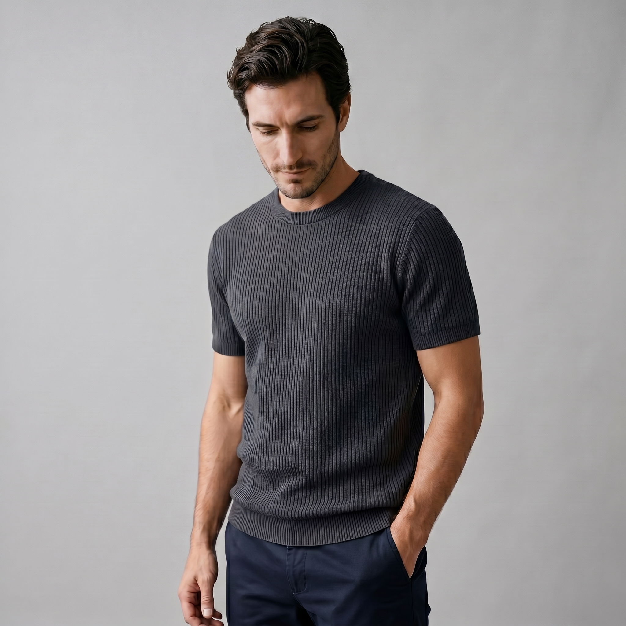 Men's Knitted T-Shirt, Ribbed Short Sleeve Crew Neck Tee – Casual
