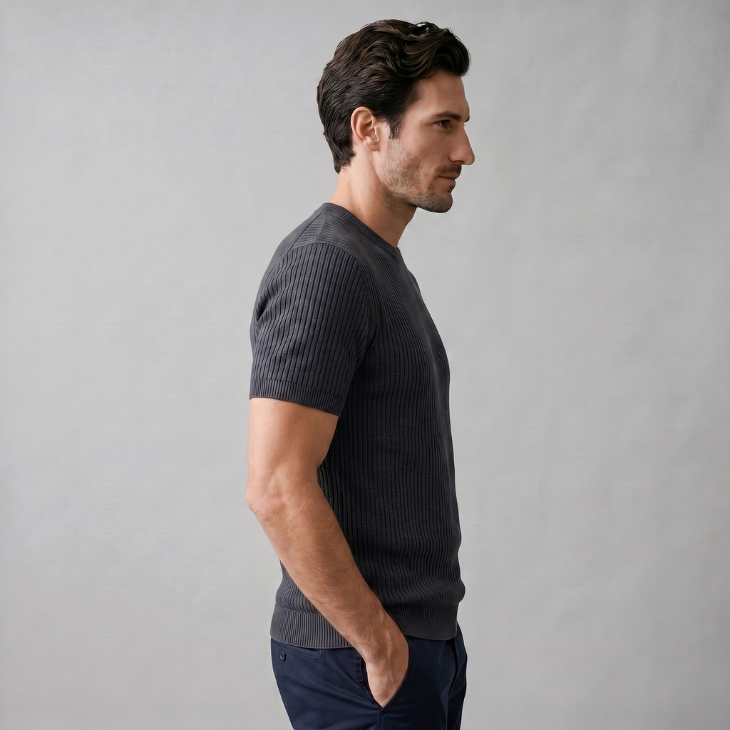 Men's Knitted T-Shirt, Ribbed Short Sleeve Crew Neck Tee – Casual