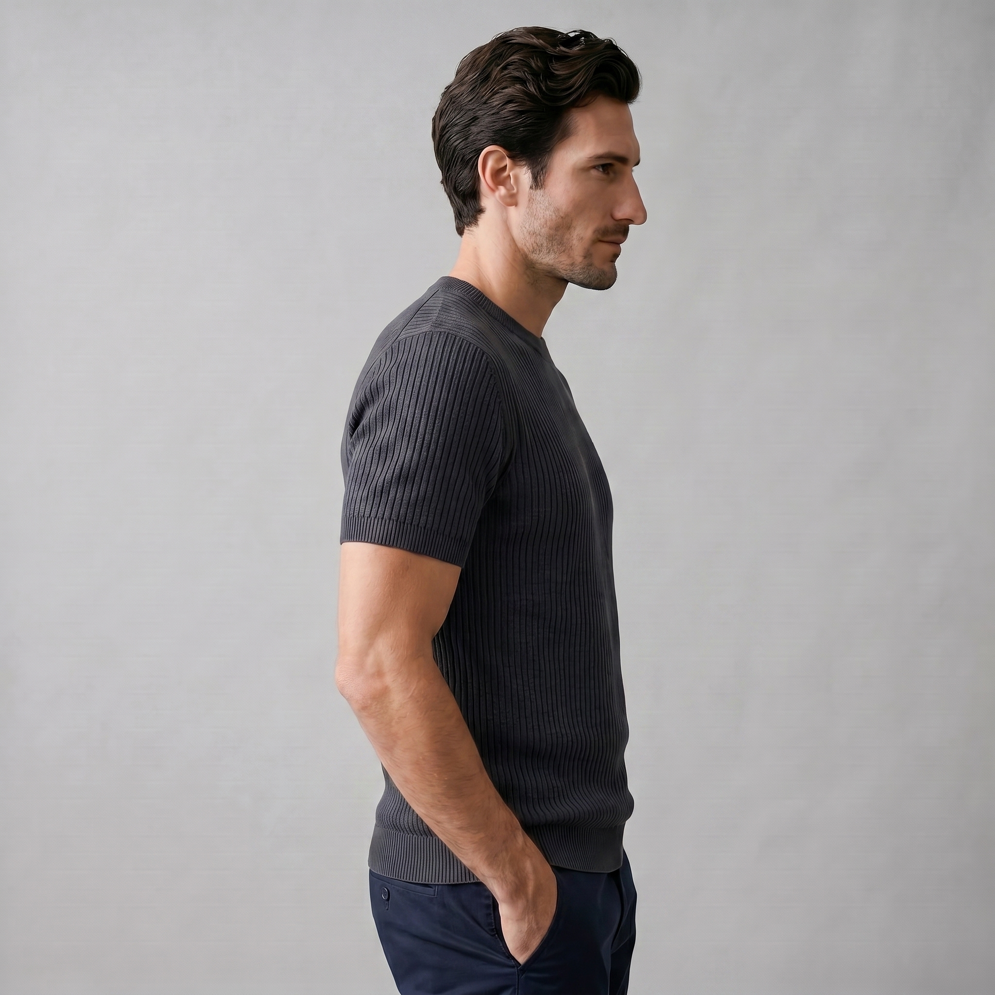 Men's Knitted T-Shirt, Ribbed Short Sleeve Crew Neck Tee – Casual