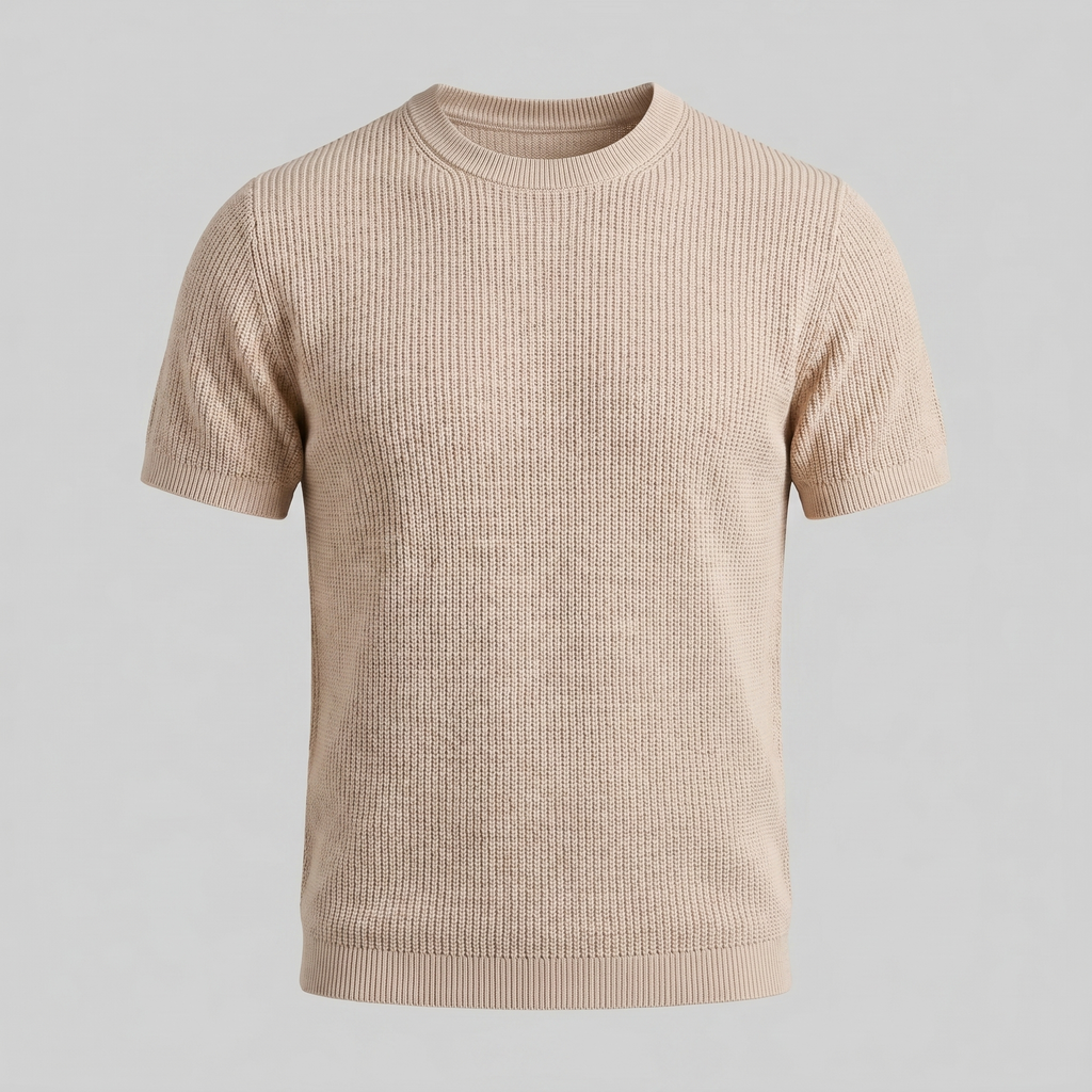 Men's Knitted T-Shirt, Ribbed Short Sleeve Crew Neck Tee – Casual