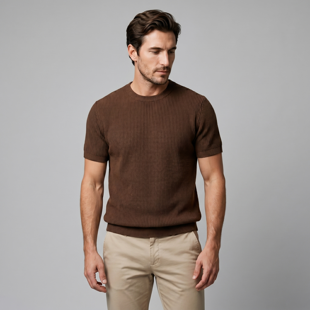 Men's Knitted T-Shirt, Ribbed Short Sleeve Crew Neck Tee – Casual