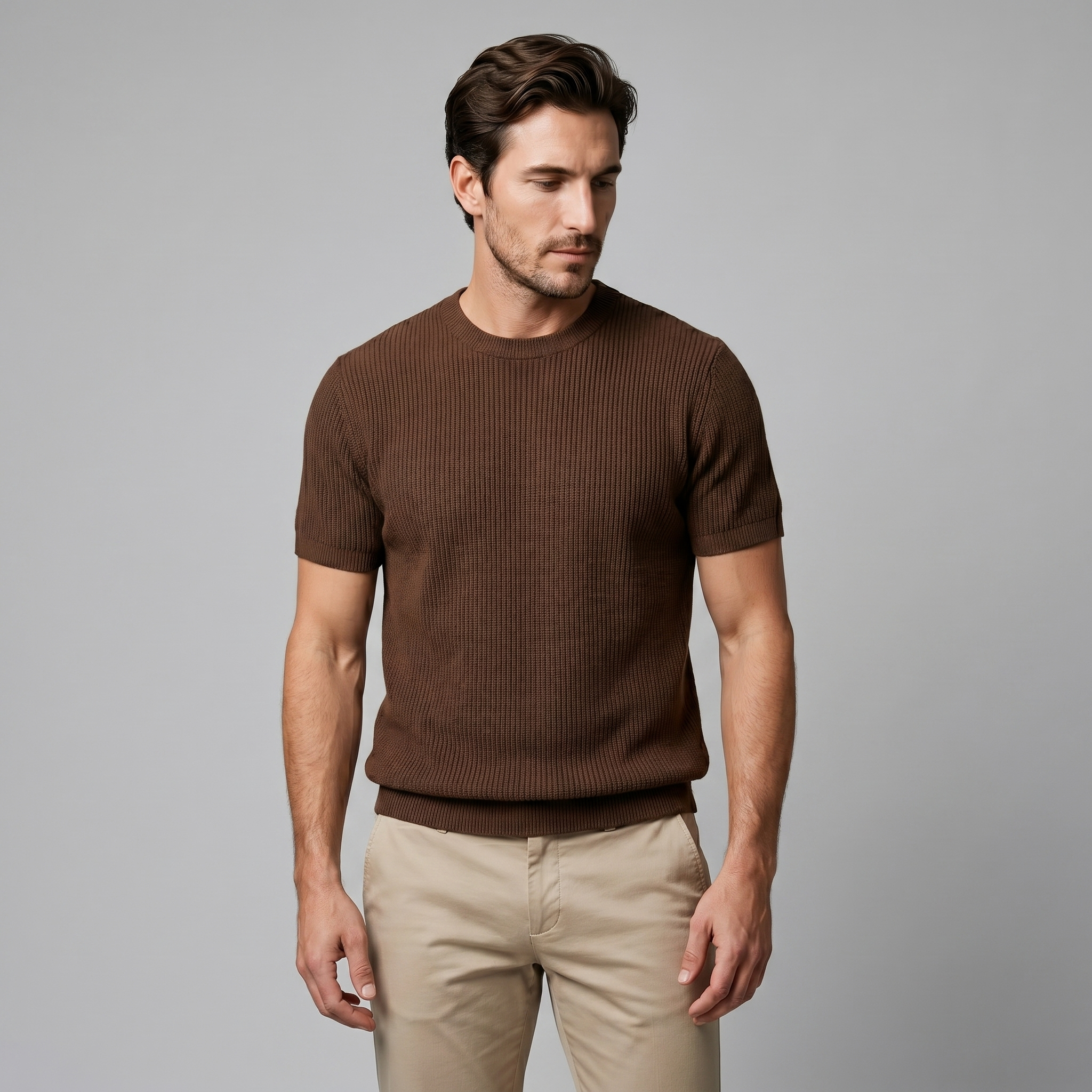 Men's Knitted T-Shirt, Ribbed Short Sleeve Crew Neck Tee – Casual