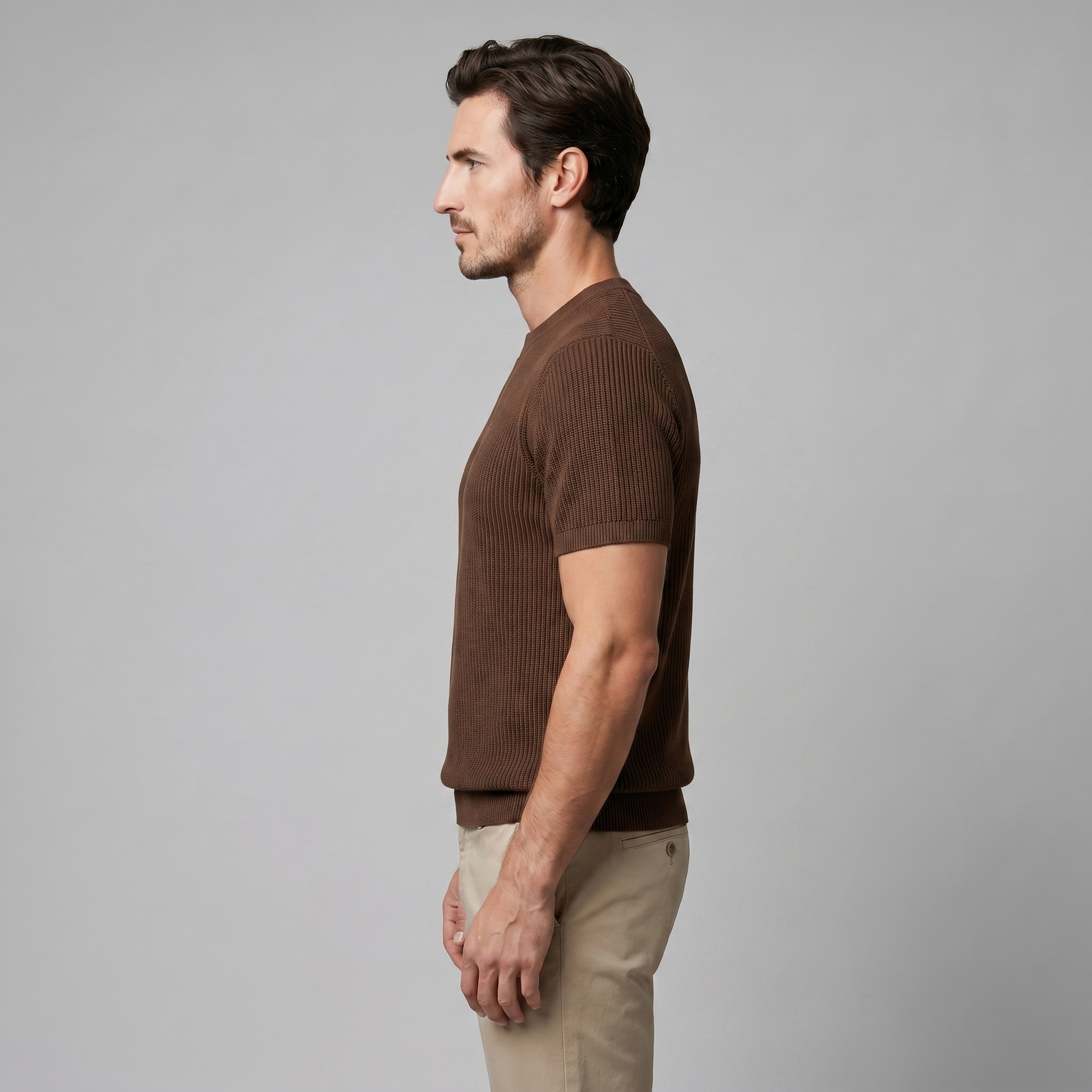 Men's Knitted T-Shirt, Ribbed Short Sleeve Crew Neck Tee – Casual