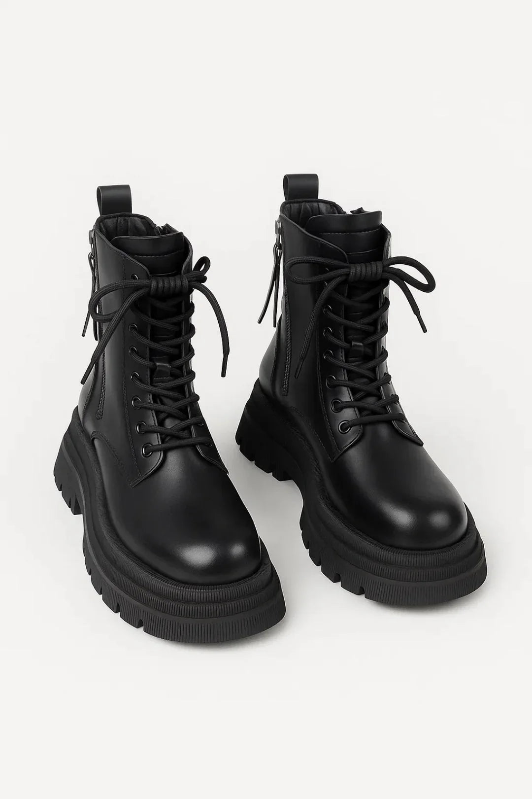 Women's Black Lace Up Chunky Platform Ankle Boots