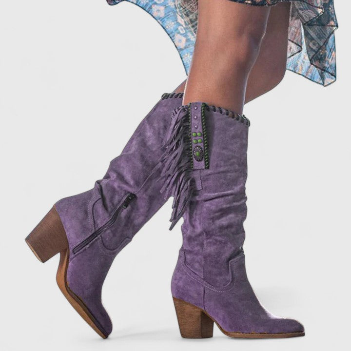 Women's Orthopedic Fringe Boots - Pointed Toe Zip Up Knee High Heels