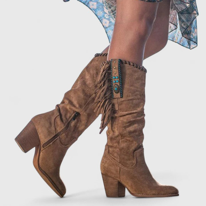 Women's Orthopedic Fringe Boots - Pointed Toe Zip Up Knee High Heels