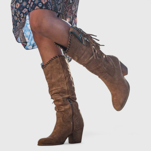 Women's Orthopedic Fringe Boots - Pointed Toe Zip Up Knee High Heels