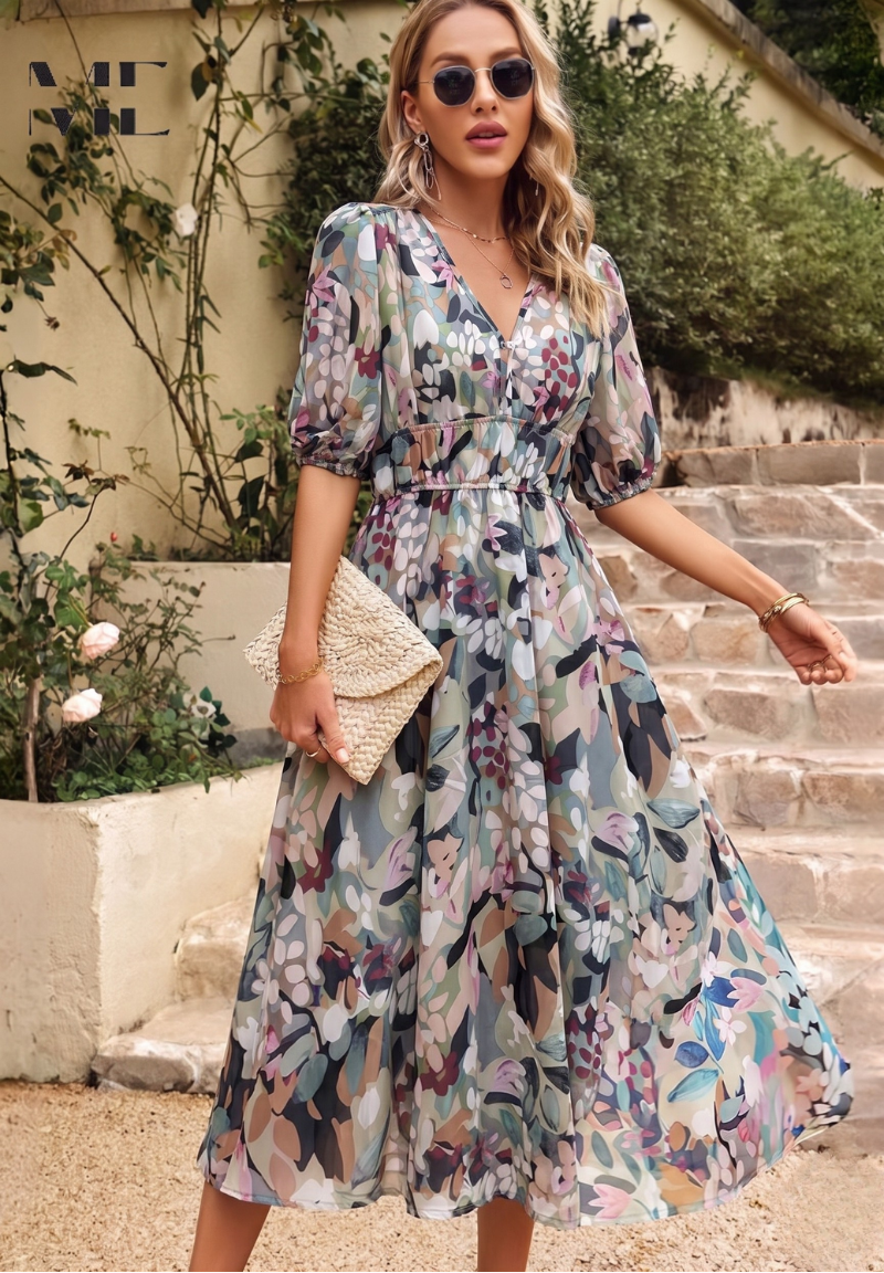 Women's Floral Print Midi Dress – Puff Sleeve Design