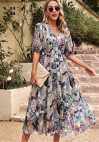 Women's Floral Print Midi Dress – Puff Sleeve Design