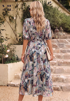 Women's Floral Print Midi Dress – Puff Sleeve Design