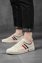 Men's Breathable Knit Lace-Up Trainers – Casual Lightweight Stripe Sneakers