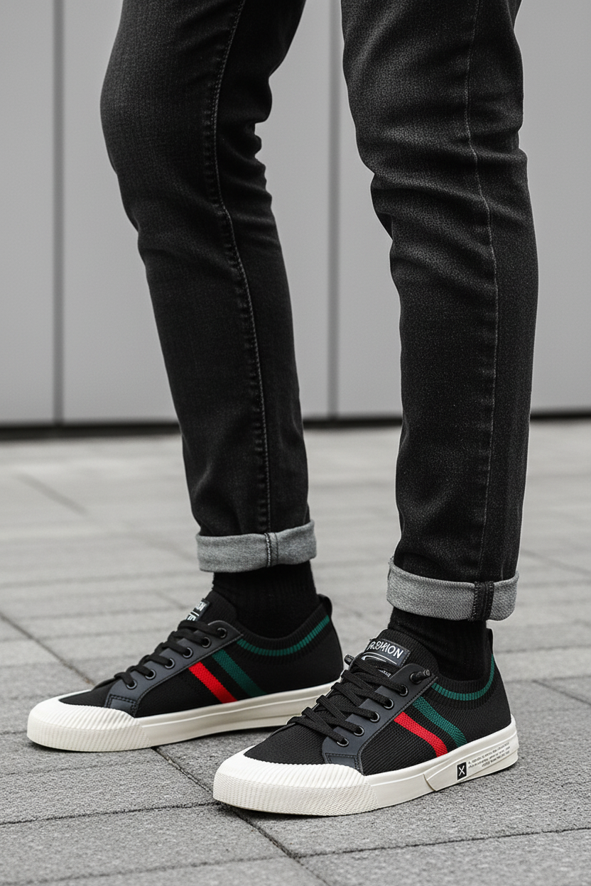 Men's Breathable Knit Lace-Up Trainers – Casual Lightweight Stripe Sneakers
