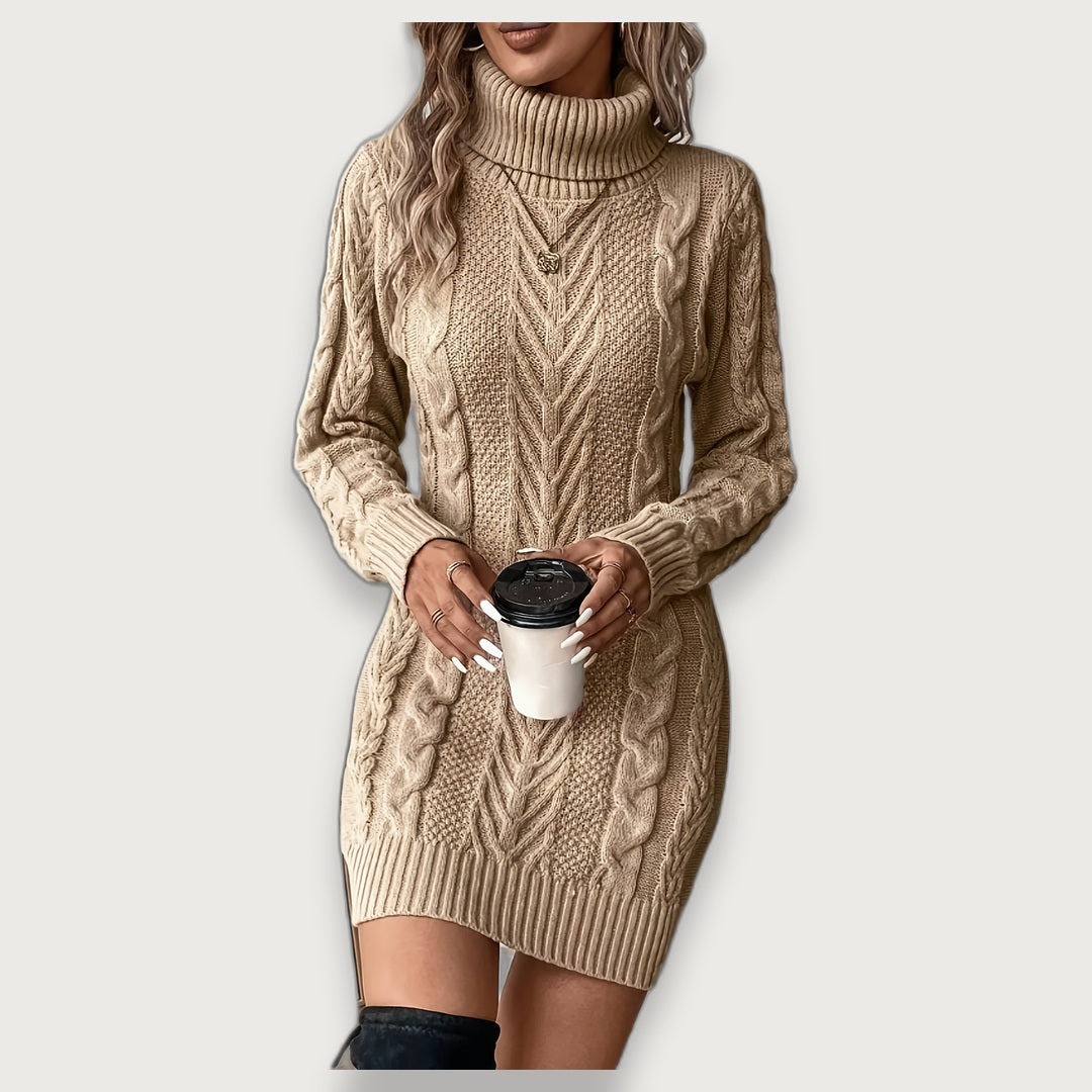 Women's Turtleneck Cable Knit Jumper Dress, Fitted Long Sleeve Mini Knitted Dress