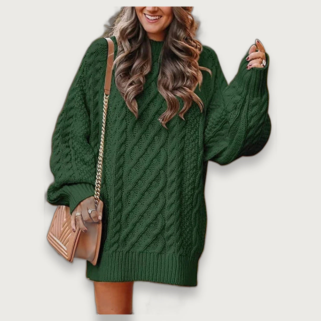 Women's Oversized Cable Knit Jumper Dress, Puff Sleeve Chunky Sweater Dress