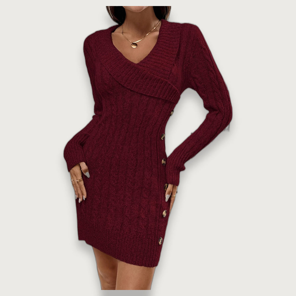 Women's V-Neck Cable Knit Jumper Dress, Bodycon Mini Dress with Gold Side Buttons