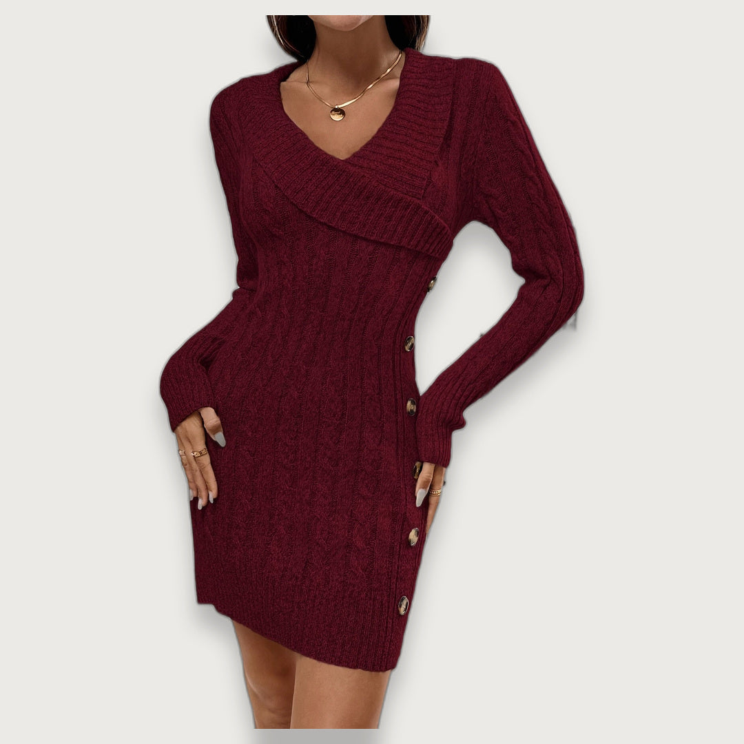Women's V-Neck Cable Knit Jumper Dress, Bodycon Mini Dress with Gold Side Buttons
