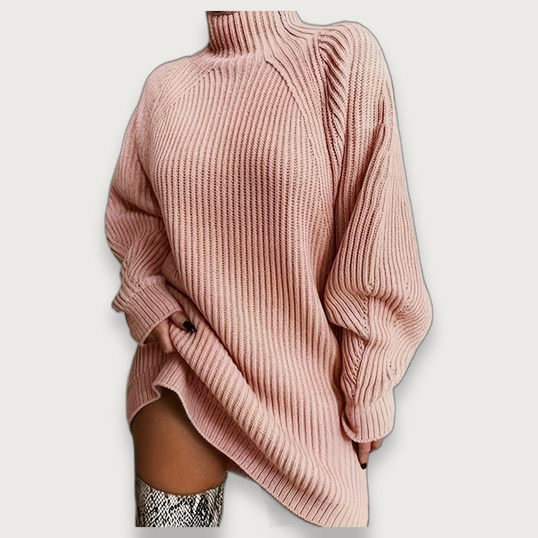 Women's Ribbed Turtleneck Jumper Dress, Oversized Chunky Knit Long Sleeve Mini Dress