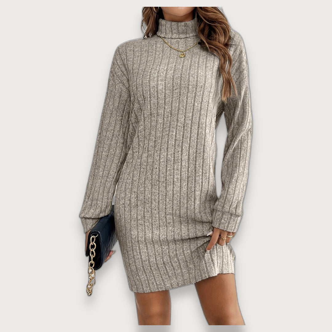 Women's Turtleneck Ribbed Jumper Dress, Fitted Long Sleeve Knit Mini Dress