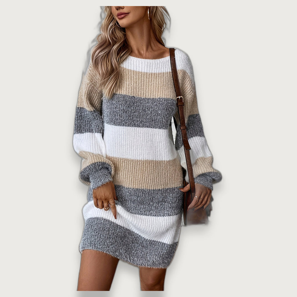 Women's Striped Oversized Jumper Dress, Puff Sleeve Chunky Knit Mini Dress