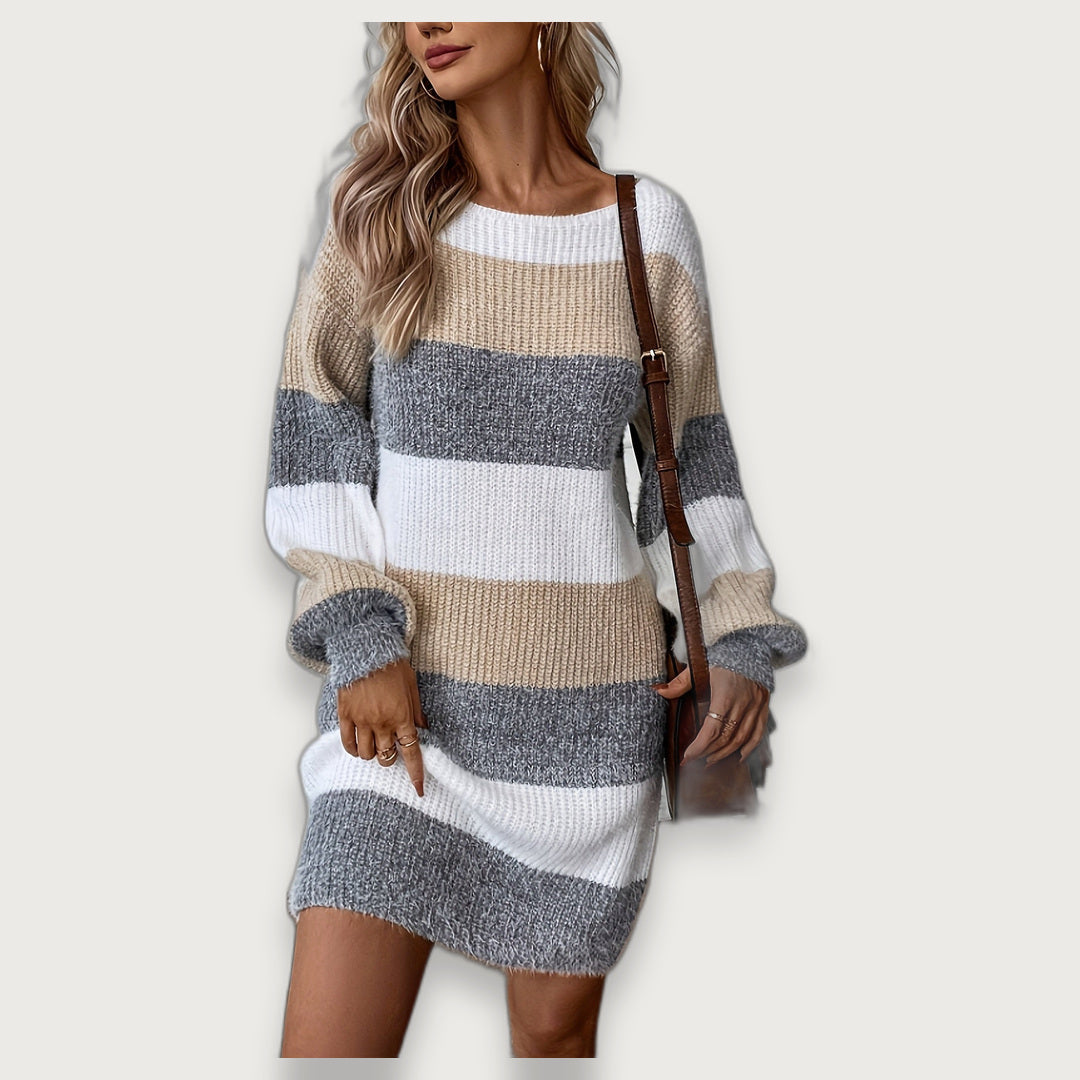 Women's Striped Oversized Jumper Dress, Puff Sleeve Chunky Knit Mini Dress