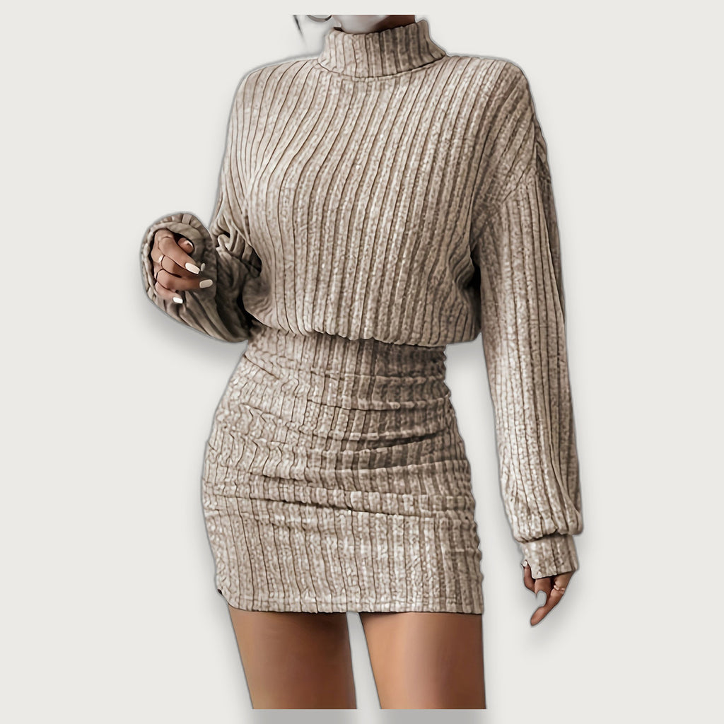 Women's Blouson Turtleneck Jumper Dress, Ribbed Knit Gathered Waist Mini Dress