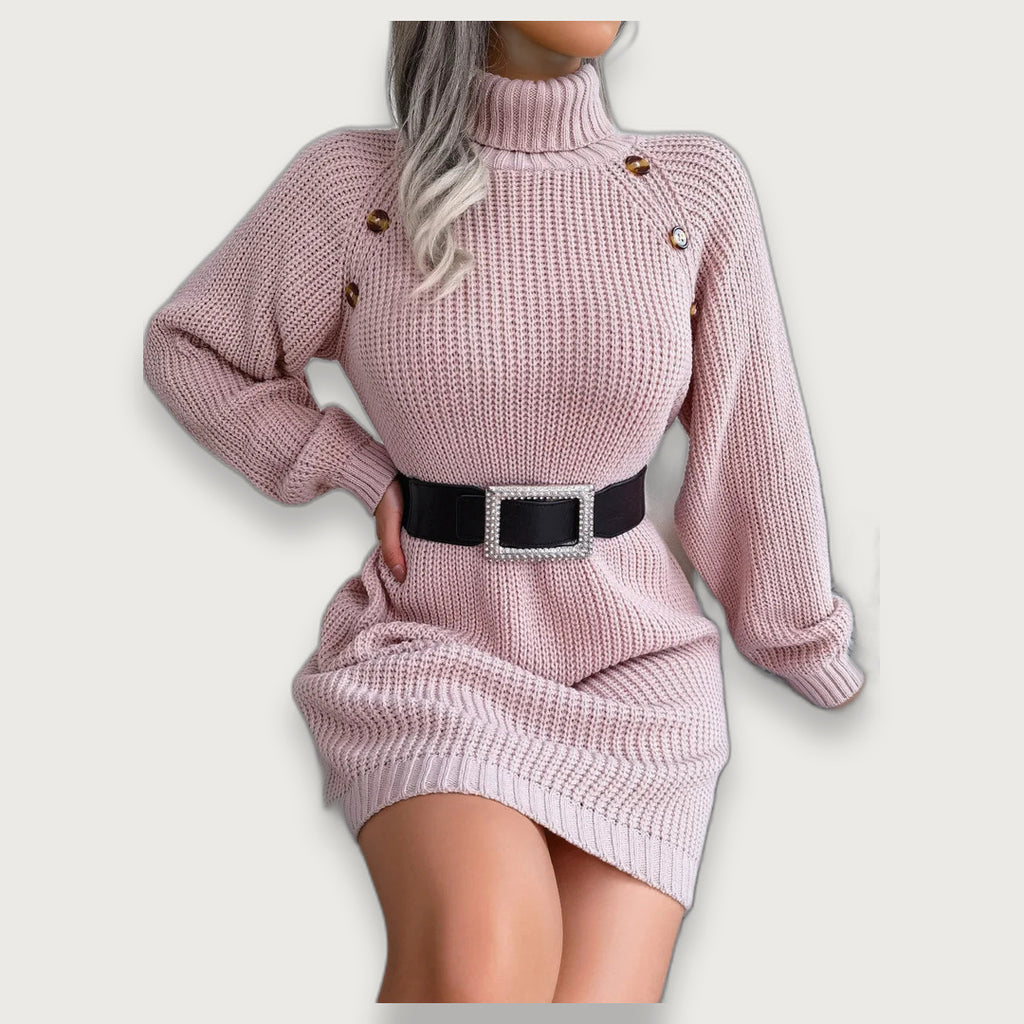 Women's Chunky Turtleneck Jumper Dress, Shoulder Button Relaxed Knit Mini Dress
