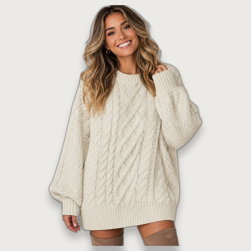 Women's Oversized Cable Knit Jumper Dress, Chunky Round Neck Dropped Shoulder Dress