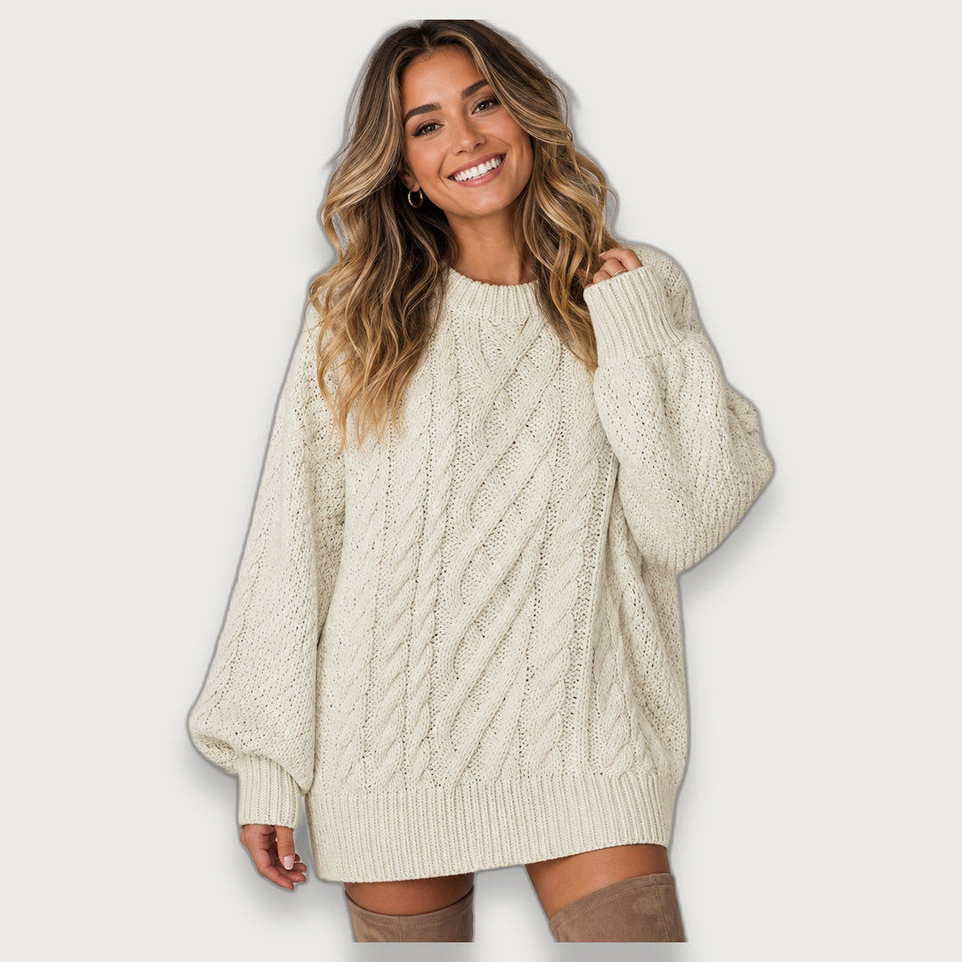 Women's Oversized Cable Knit Jumper Dress, Chunky Round Neck Dropped Shoulder Dress