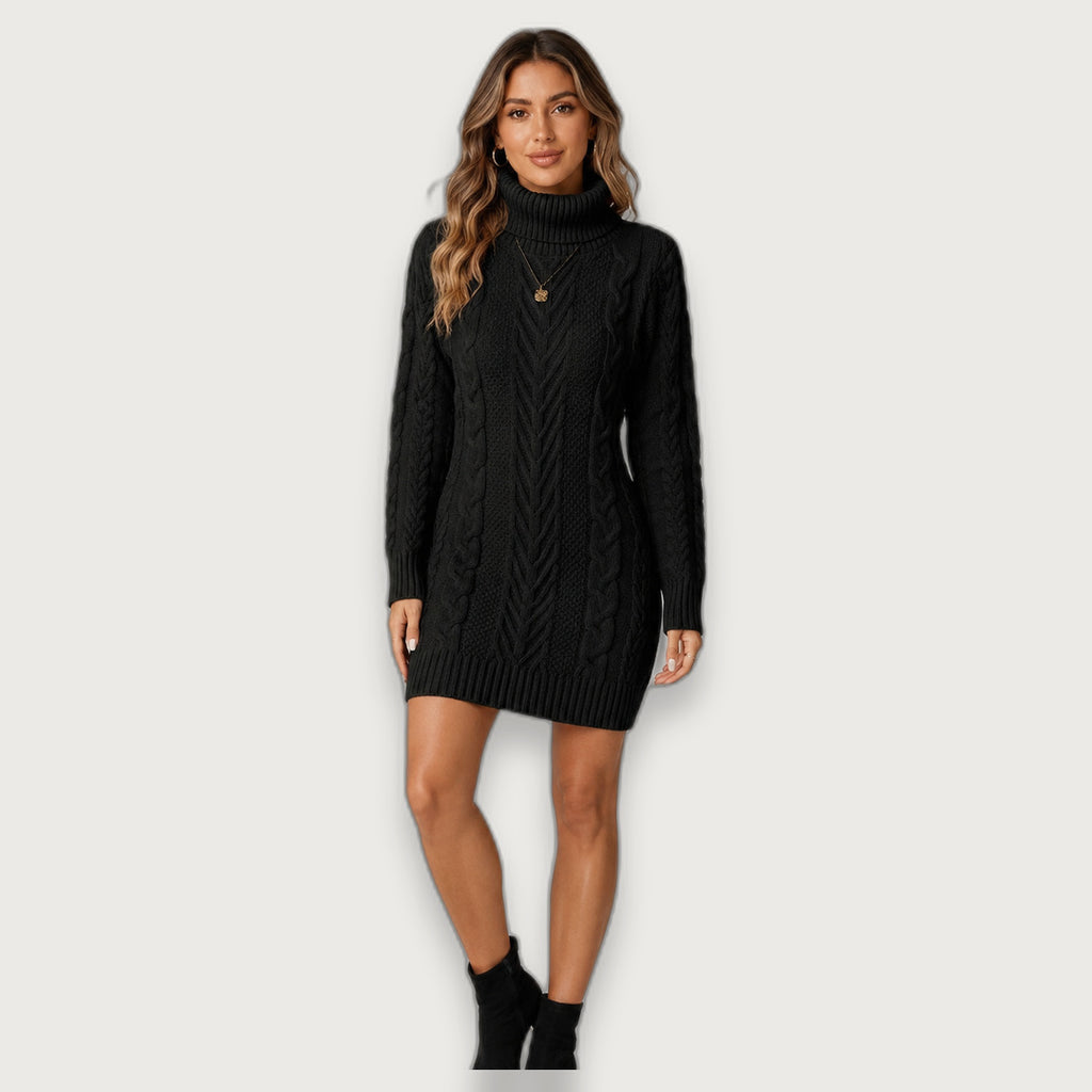 Women's Cable Knit Roll Neck Jumper Dress, Straight Long Sleeve Short Knit Dress