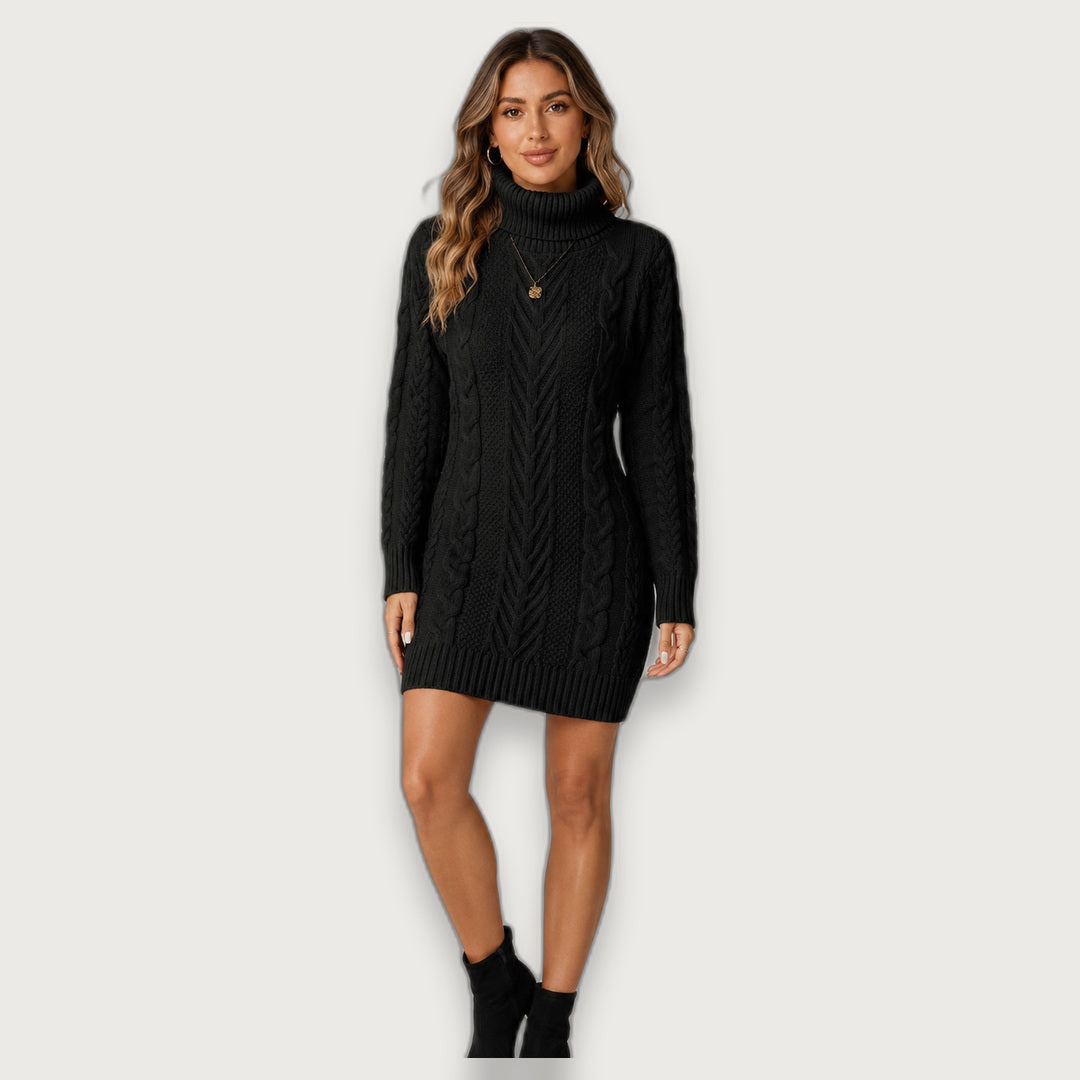 Women's Cable Knit Roll Neck Jumper Dress, Straight Long Sleeve Short Knit Dress