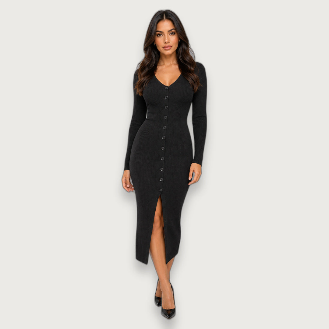 Women's Button Front Ribbed Jumper Dress, V-Neck Midi Knit Dress with Front Split