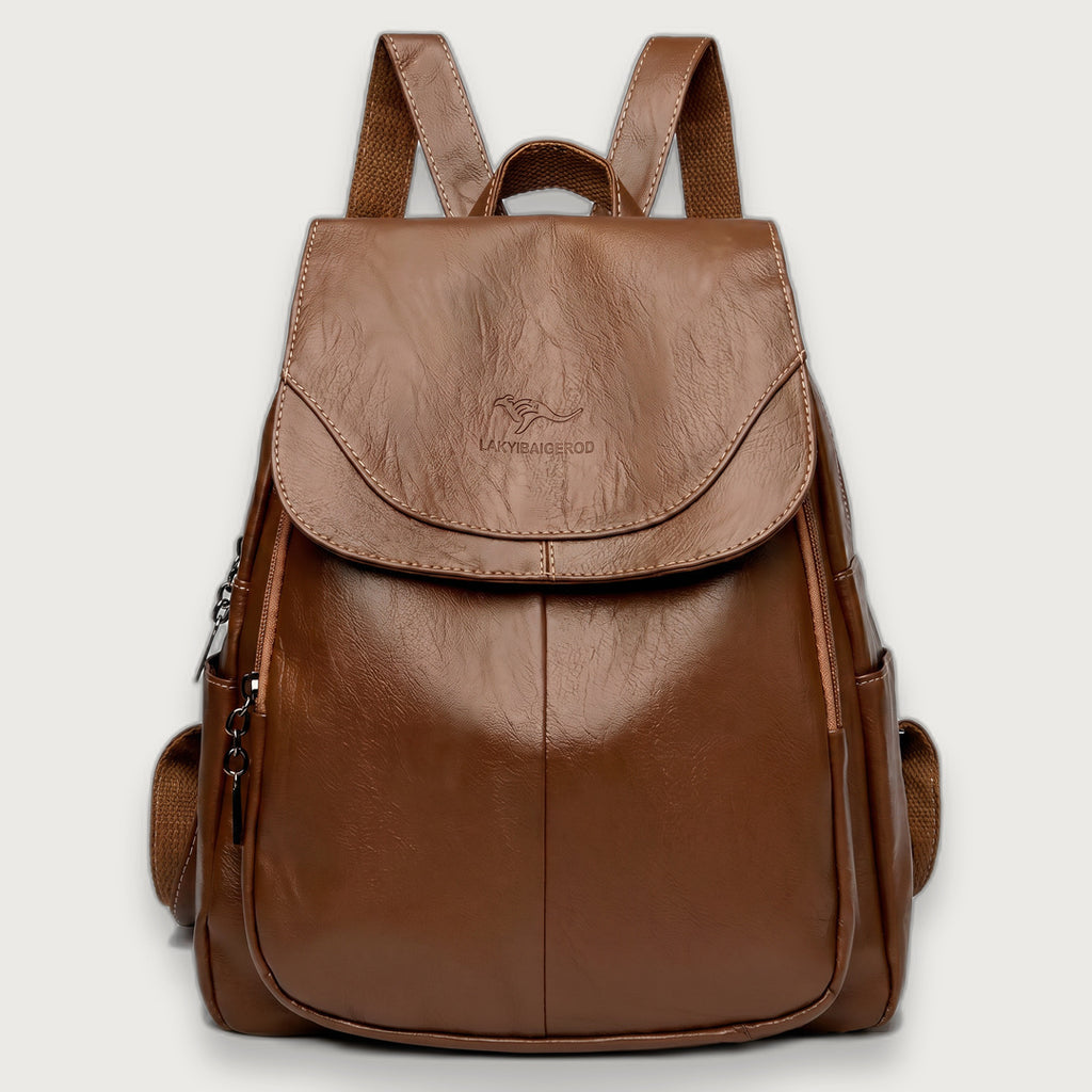 Women's Leather Backpack, Fold-Over Flap Rucksack with Side Pockets