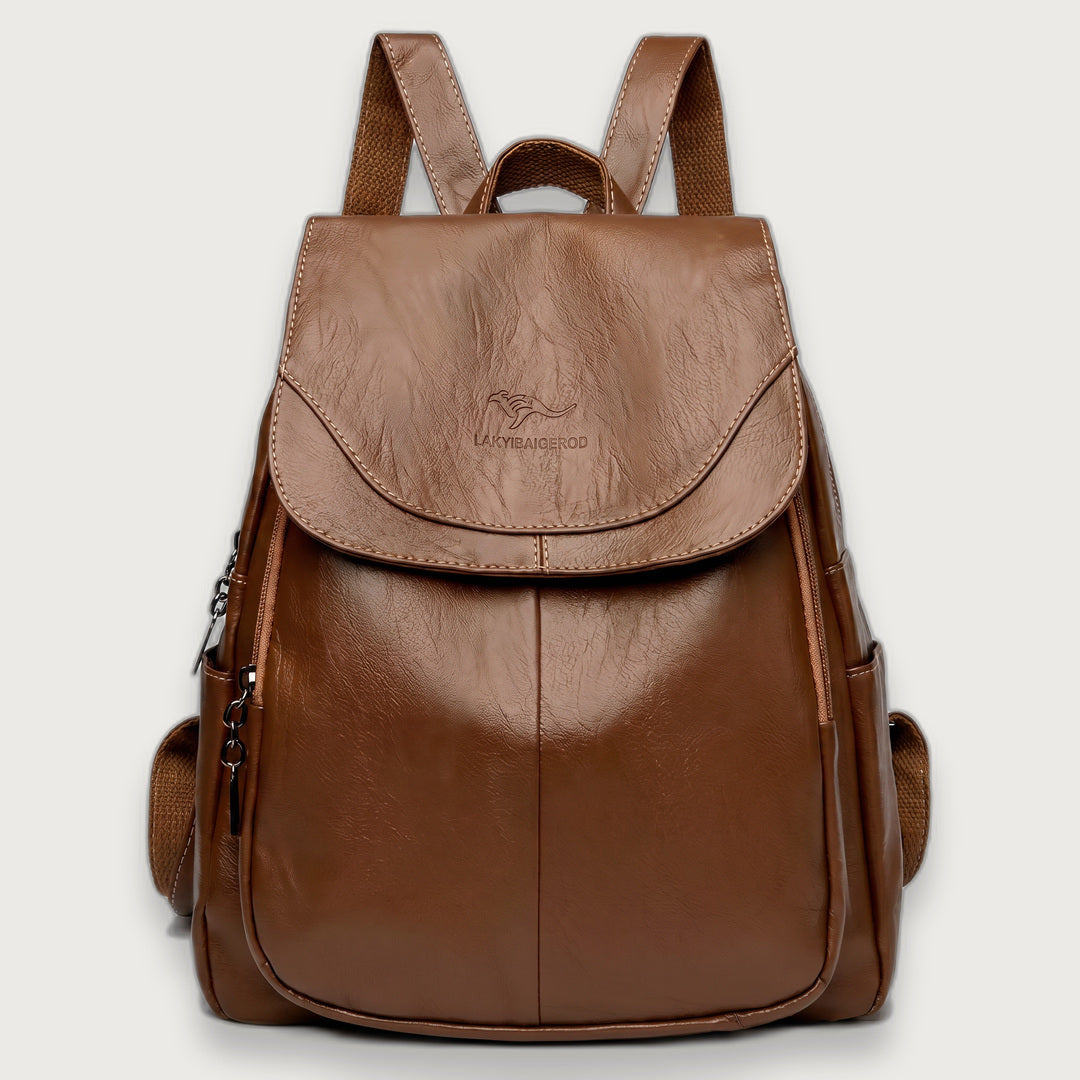 Women's Leather Backpack, Fold-Over Flap Rucksack with Side Pockets