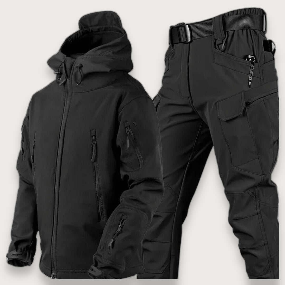Men's Waterproof Outdoor Set, Windproof Fleece-Lined Hooded Jacket and Cargo Trousers