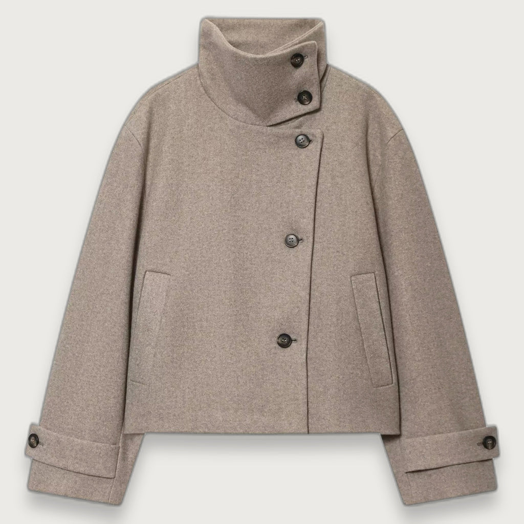 Women's Wool Blend Cropped Jacket, High Fold-Over Collar Short Winter Jacket