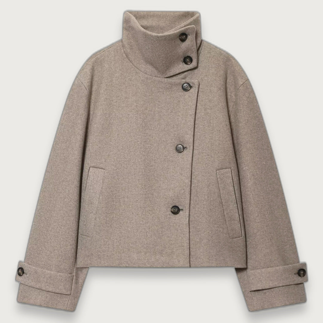 Women's Wool Blend Cropped Jacket, High Fold-Over Collar Short Winter Jacket
