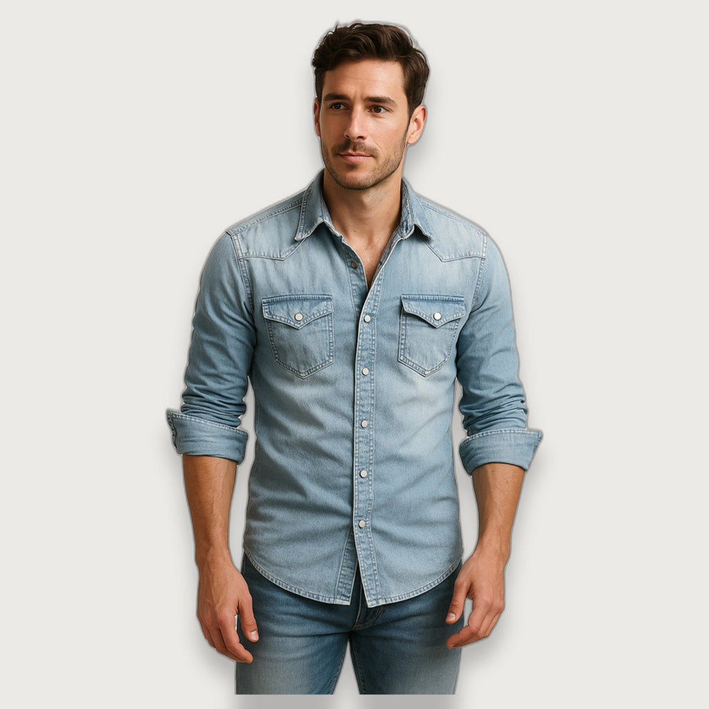 Men's Denim Shirt, Long Sleeve Casual Jeans Shirt with Chest Pockets