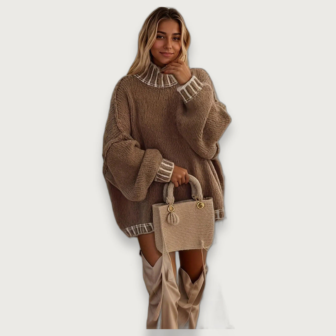 Women's Oversized Turtleneck Jumper, Chunky Knit Jumper Dress with Contrast Rib Trim