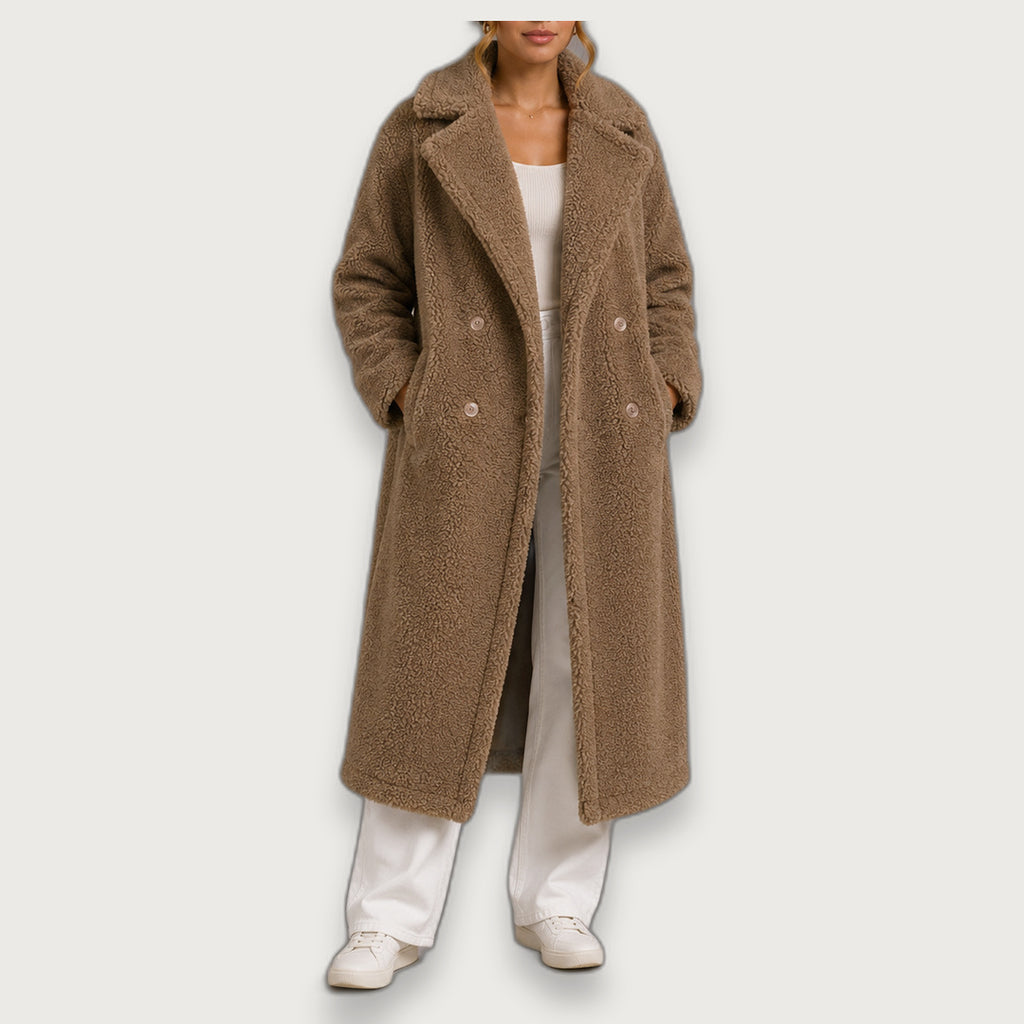 Women's Longline Borg Teddy Fleece Coat, Lapel Collar Double-Breasted Coat