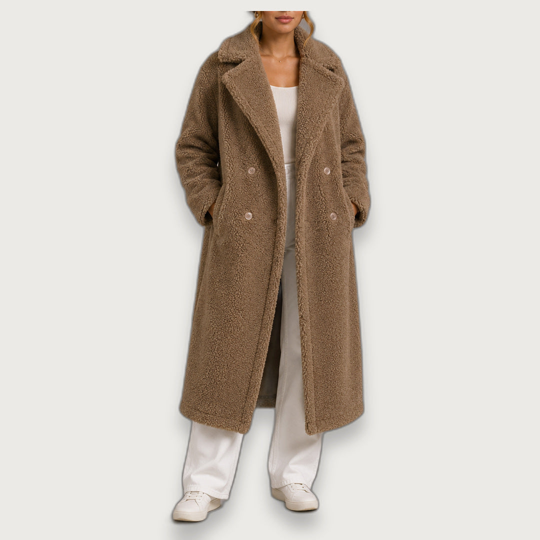 Women's Longline Borg Teddy Fleece Coat, Lapel Collar Double-Breasted Coat