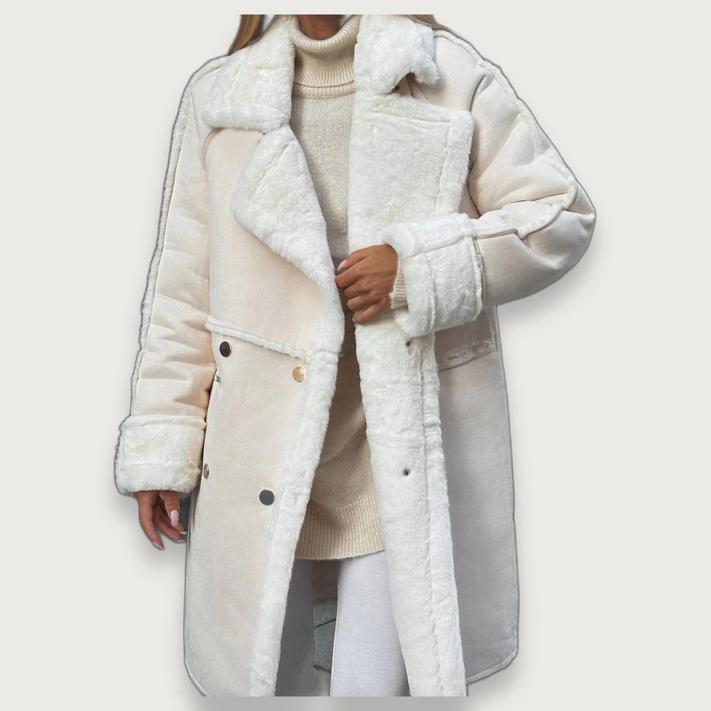 Women's Faux Shearling Coat, Oversized Suede-Look Double-Breasted Coat with Wide Lapel