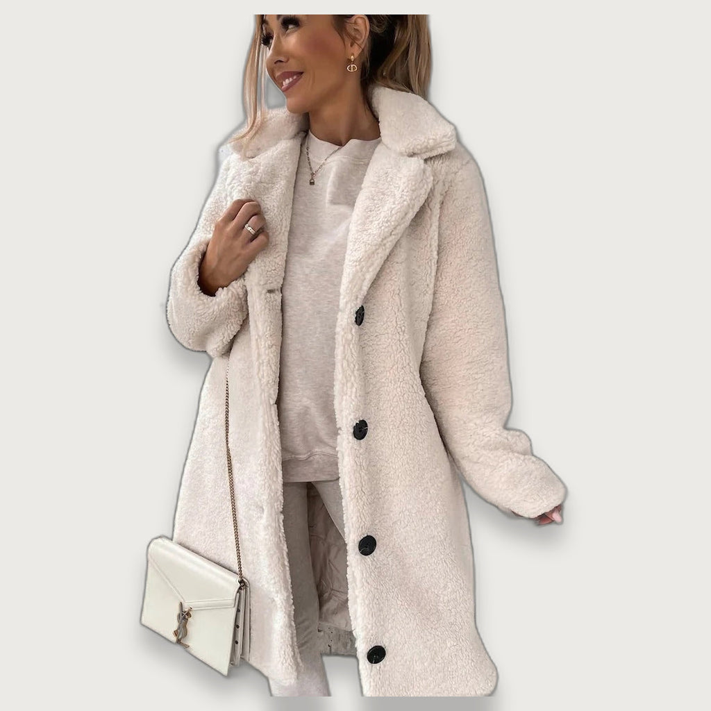 Women's Oversized Long Teddy Coat, Faux Shearling Coat with Notched Lapel and Button Front