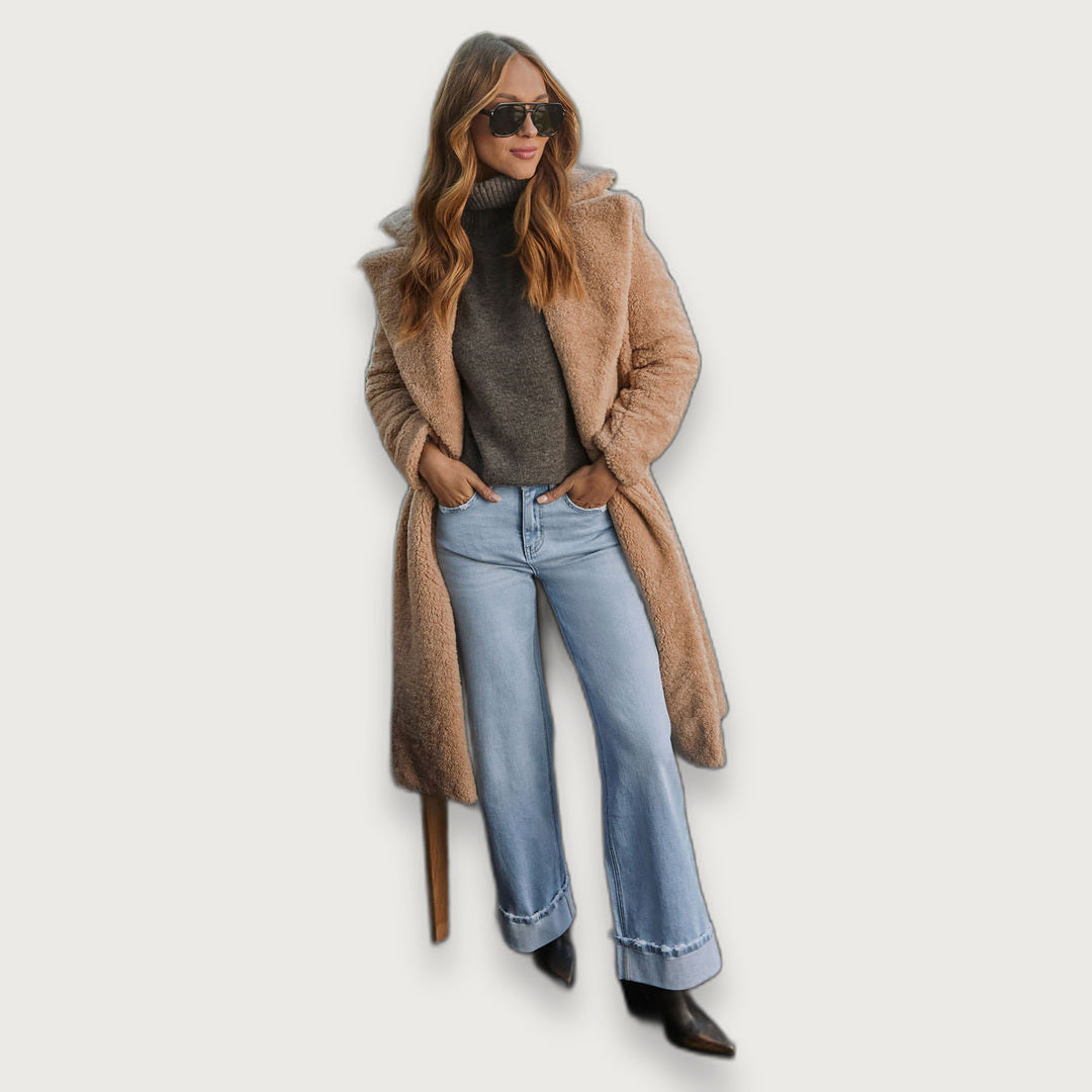 Women's Teddy Trench Coat, Double-Breasted Long Coat with Side Slant Pockets