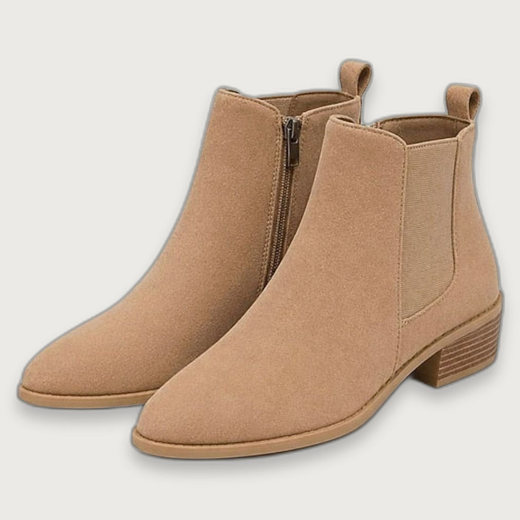 Women's Suede Ankle Boots, Pointed Toe Low Block Heel Side Zip Booties
