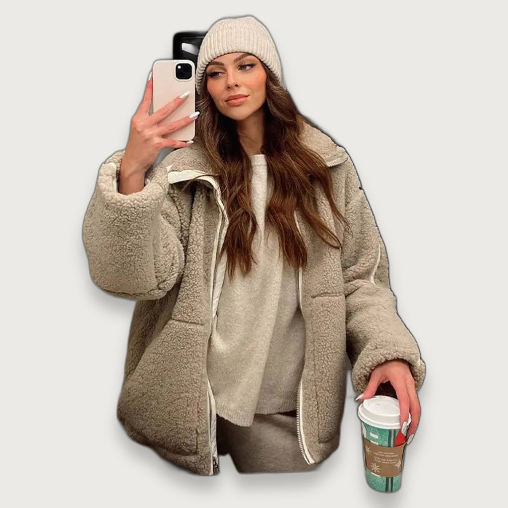 Women's Fleece Zip Up Jacket, Relaxed Teddy Fleece Coat with High Neck and Pockets