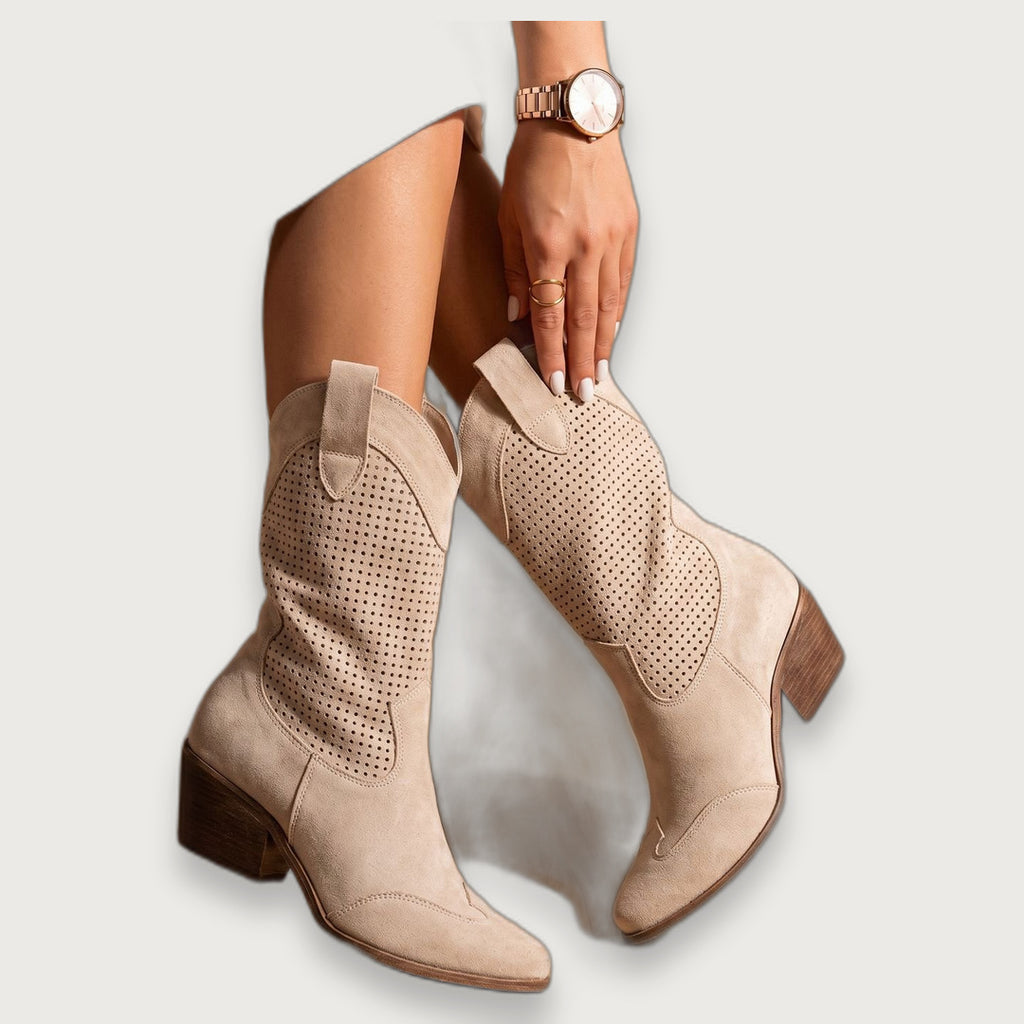Women's Orthopedic Western Ankle Boots, Perforated Suede Mid-Calf Block Heel Cowboy Boots