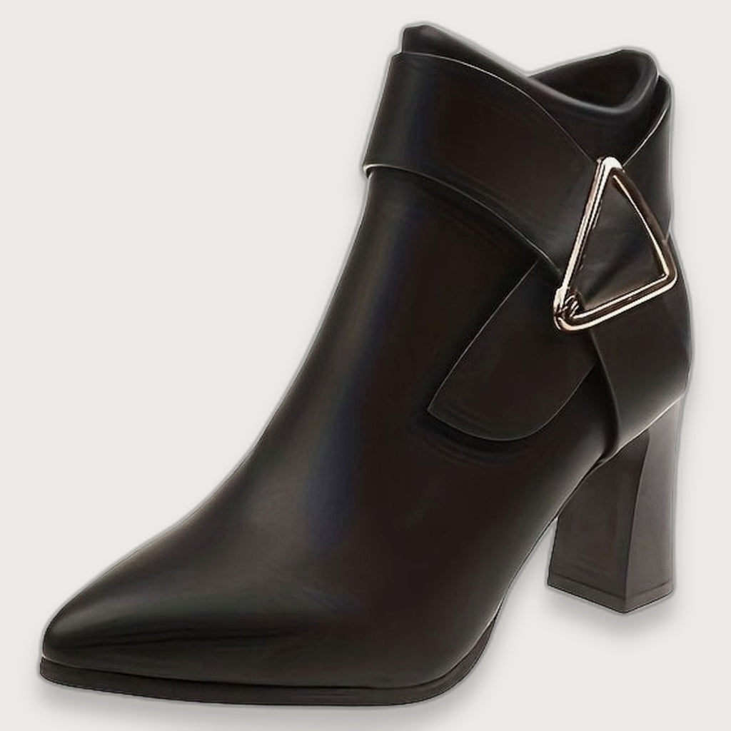 Women's Pointed-Toe Block Heel Ankle Boots with Gold-Tone Triangle Buckle
