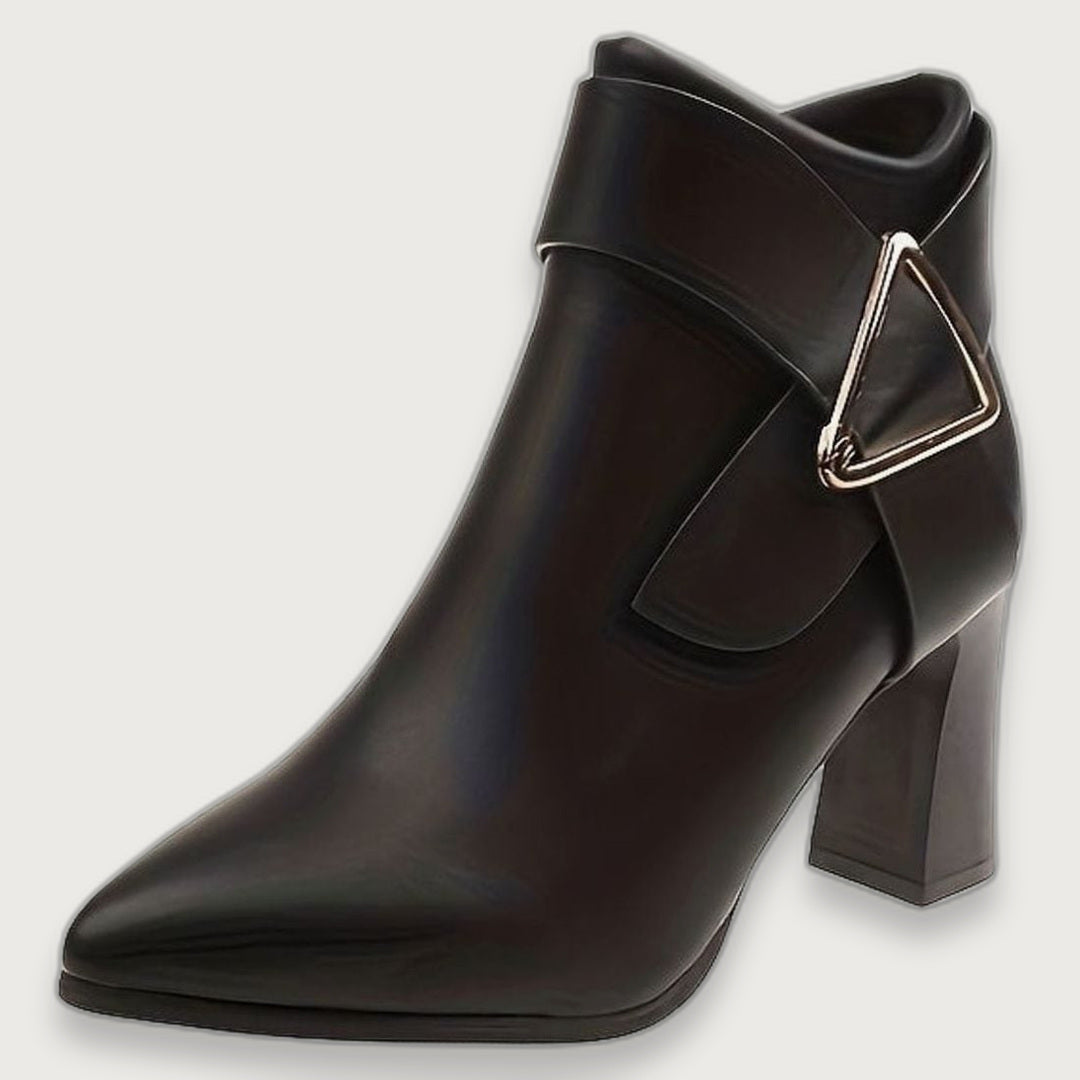 Women's Pointed-Toe Block Heel Ankle Boots with Gold-Tone Triangle Buckle