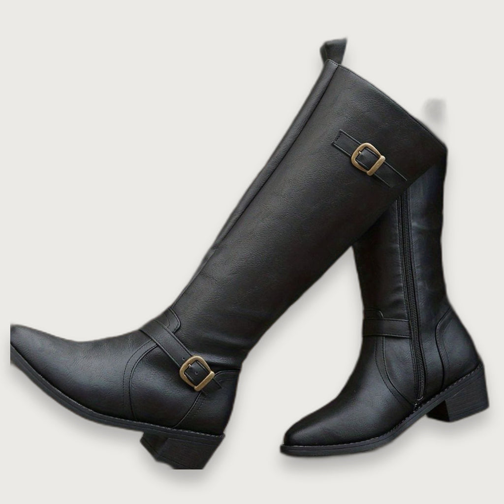 Women's Knee-High Riding Boots, Low Heel Tall Boots with Antique Gold Buckle Straps and Zip